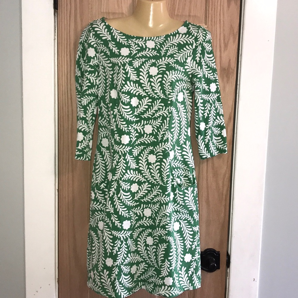 Boden green and white print dress